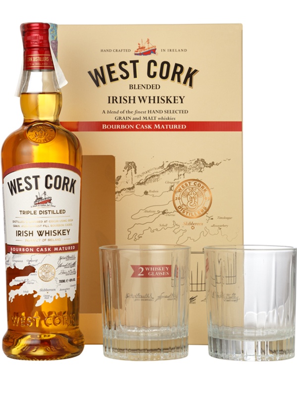 Віскі West Cork Blended Bourbon Cask в подарунковій коробці + 2 склянки 40%