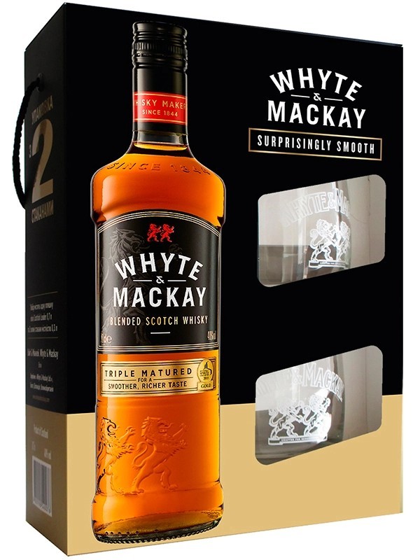 Віскі Whyte & Mackay в подарунковій коробці + 2 склянки 40%