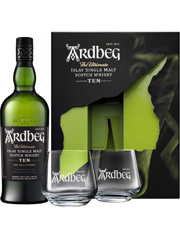 Віскі Ardbeg Ten 10 років в подарунковій коробці + 2 склянки 46%