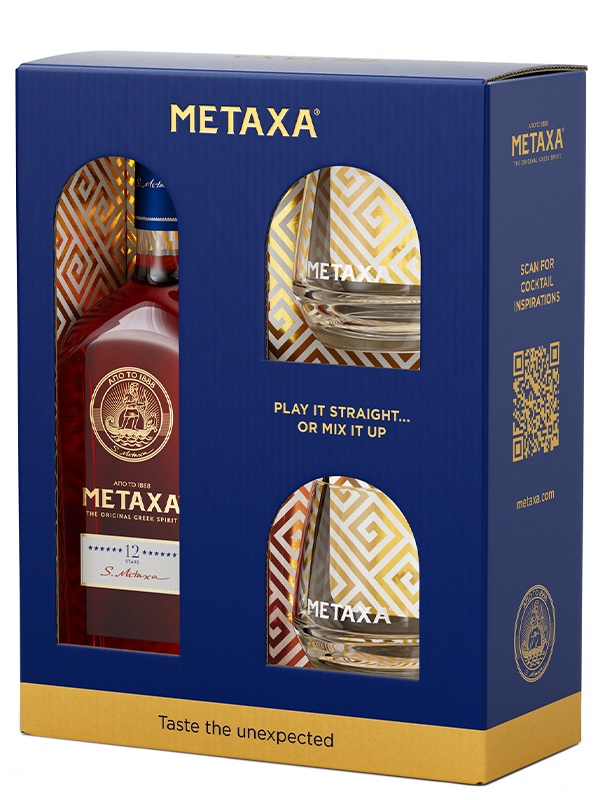 Бренді Metaxa 12 років в подарунковій коробці + 2 склянки 40%