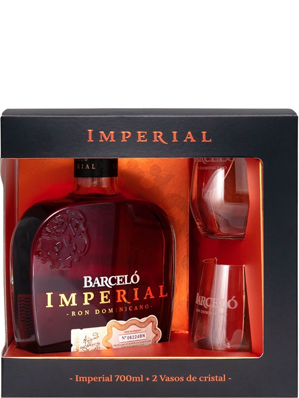 Ром Imperial Barcelo в подарунковій коробці + 2 склянки 38%