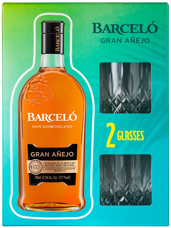 Ром Gran Anejo Barcelo 6 років в подарунковій коробці + 2 склянки 37.5%