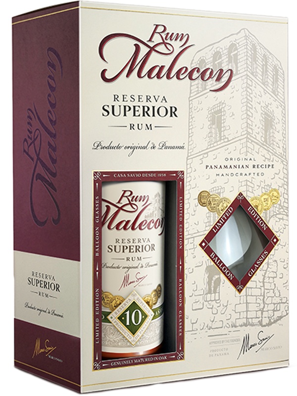 Ром Reserva Superior Malecon 10 років в подарунковій коробці + 2 келиха 40%