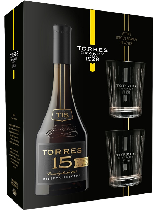 Бренді Torres Reserva 15 років в подарунковій коробці + 2 склянки 40%