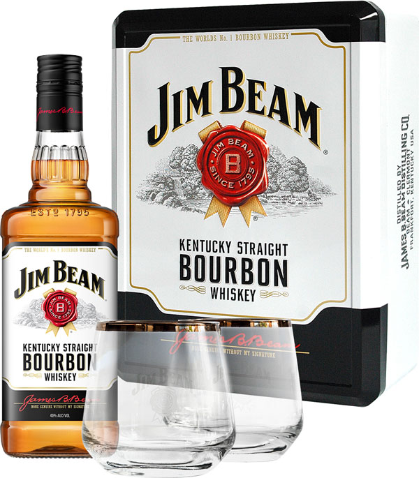 Віскі Jim Beam White 4 роки витримки 40% + 2 келихи в металевій коробці