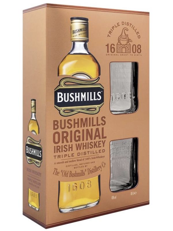 Віскі Bushmills Original 6 років витримки 40% в подарунковій упаковці + 2 склянки