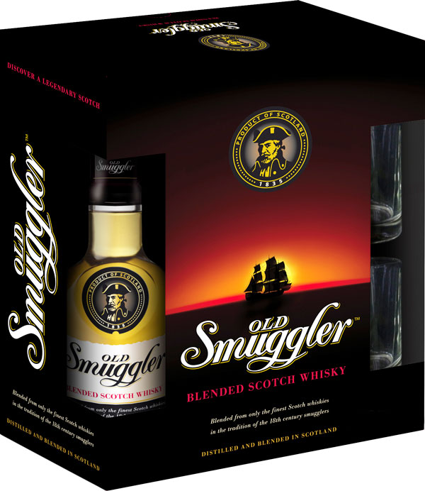 Віскі Glen Grant Old Smuggler 3 роки витримки 40% в подарунковій упаковці з 2-ма склянками