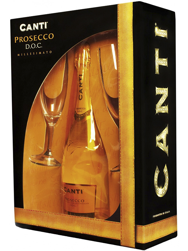 Вино ігристе Canti Prosecco Millesimato біле екстра-сухе 11% + 2 келиха в подарунковій упаковці