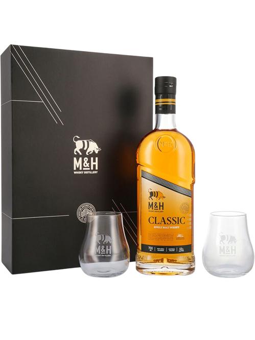 Віскі Classic Single Malt M&H Distillery в подарунковій коробці + 2 склянки 46%